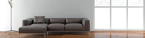 现代3D插图横幅放松舒适的现代客厅 配有沙发扶手椅Windows地毯咖啡桌布和书架 — 图库照片