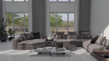 3D video görüntüsü, oturma odasının çağdaş iç tasarımı. Oturma odasının içi çok şık.