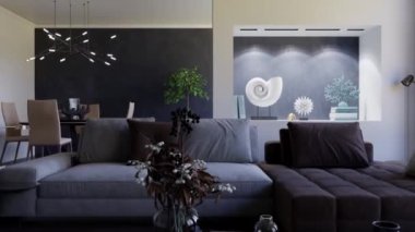 3d video rendering footage contemporary interior design of the living room. Stylish interior of the living room