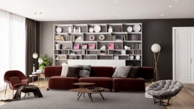 3d video rendering footage contemporary interior design of the living room. Stylish interior of the living room