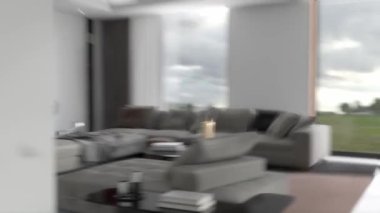 3D video görüntüsü, oturma odasının çağdaş iç tasarımı. Oturma odasının içi çok şık.
