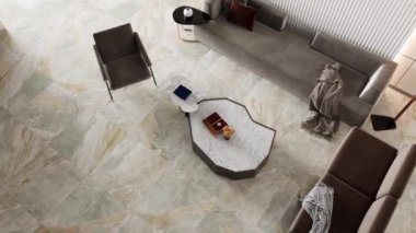 3D video görüntüsü, oturma odasının çağdaş iç tasarımı. Oturma odasının içi çok şık.