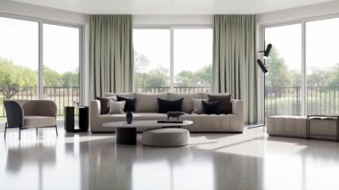 3d video rendering footage contemporary interior design of the living room. Stylish interior of the living room