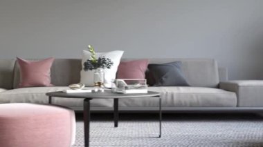 3d video rendering footage contemporary interior design of the living room. Stylish interior of the living room