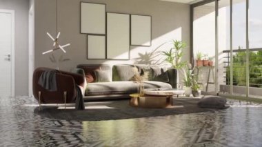 3D video görüntüsü, oturma odasının çağdaş iç tasarımı. Oturma odasının içi çok şık.