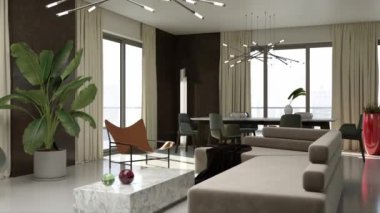 3d video rendering footage contemporary interior design of the living room. Stylish interior of the living room