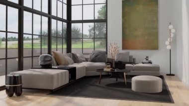 3d video rendering footage contemporary interior design of the living room. Stylish interior of the living room