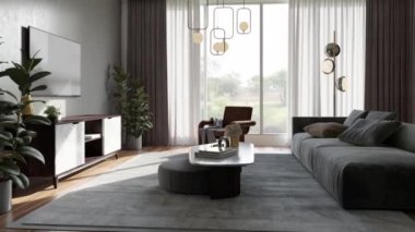 3d video rendering footage contemporary interior design of the living room. Stylish interior of the living room