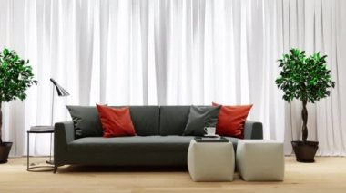 3D video görüntüsü, oturma odasının çağdaş iç tasarımı. Oturma odasının içi çok şık.