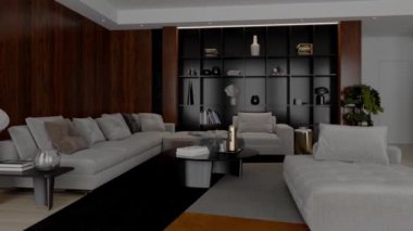 3d video rendering footage contemporary interior design of the living room. Stylish interior of the living room