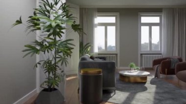 3d video rendering footage contemporary interior design of the living room. Stylish interior of the living room