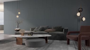 3d video rendering footage contemporary interior design of the living room. Stylish interior of the living room