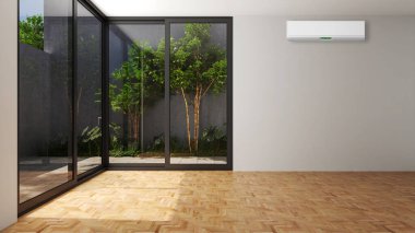 Büyük lüks, modern, aydınlık bir oturma odası. Klima modelleme çizimi 3D.