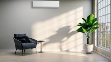 Büyük lüks, modern, aydınlık bir oturma odası. Klima modelleme çizimi 3D.