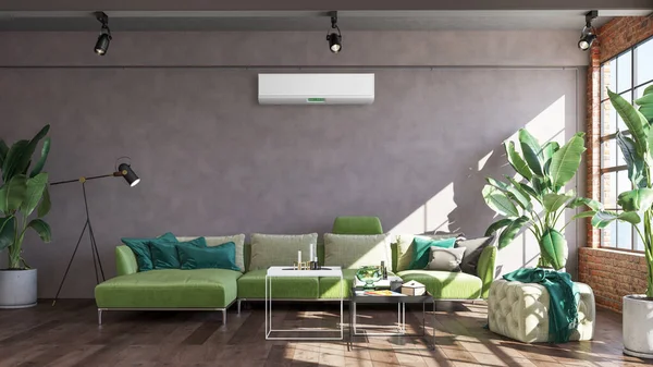 Large Luxury Modern Bright Interiors Living Room Air Conditioning Mockup — Stock Photo, Image