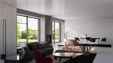 3d video rendering footage contemporary interior design of the living room. Stylish interior of the living room