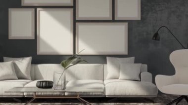 3D video görüntüsü, oturma odasının çağdaş iç tasarımı. Oturma odasının içi çok şık.