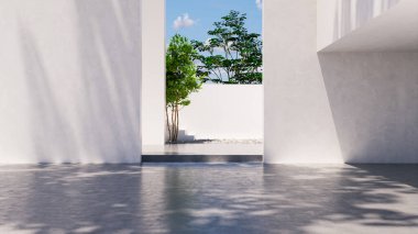Büyük lüks, modern, parlak iç mekan oturma odası, afiş illüstrasyonu 3D dijital görüntü oluşturan bilgisayar.