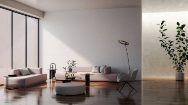Büyük lüks, modern, parlak iç mekan oturma odası, afiş illüstrasyonu 3D dijital görüntü oluşturan bilgisayar.