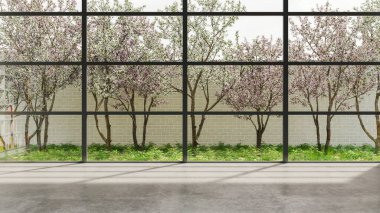 Büyük lüks, modern, parlak iç mekan oturma odası, afiş illüstrasyonu 3D dijital görüntü oluşturan bilgisayar.