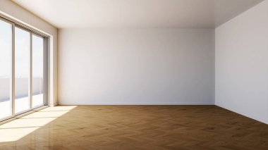 Büyük lüks, modern, parlak iç mekan oturma odası, afiş illüstrasyonu 3D dijital görüntü oluşturan bilgisayar.