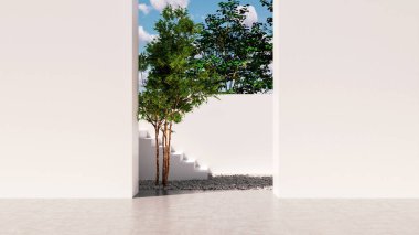 Büyük lüks, modern, parlak iç mekanlar. Oturma odası tasviri. 3D görüntüleme.