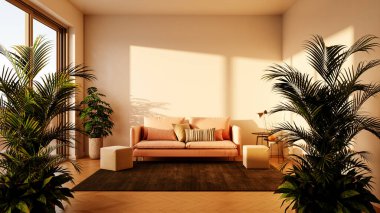 Büyük lüks, modern, parlak iç mekanlar. Oturma odası tasviri. 3D görüntüleme.