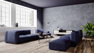 Büyük lüks, modern, parlak iç mekanlar. Oturma odası tasviri. 3D görüntüleme.