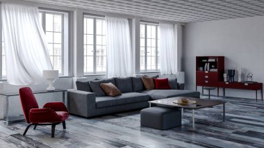 Büyük lüks, modern, parlak iç mekanlar. Oturma odası tasviri. 3D görüntüleme.