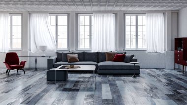 Büyük lüks, modern, parlak iç mekanlar. Oturma odası tasviri. 3D görüntüleme.