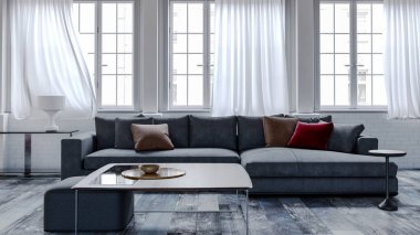 Büyük lüks, modern, parlak iç mekanlar. Oturma odası tasviri. 3D görüntüleme.