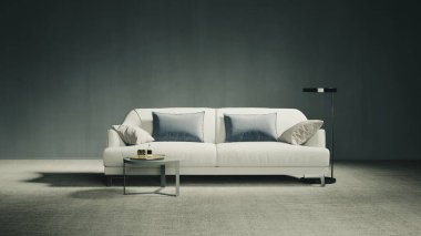 Büyük lüks, modern, parlak iç mekanlar. Oturma odası tasviri. 3D görüntüleme.