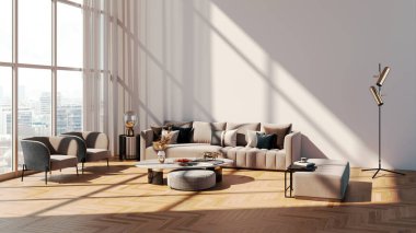 Büyük lüks, modern, parlak iç mekanlar. Oturma odası tasviri. 3D görüntüleme.