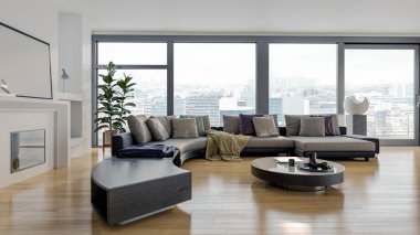 Büyük lüks, modern, parlak iç mekanlar. Oturma odası tasviri. 3D görüntüleme.