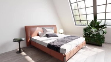 3D Modern Oturma Odası İç mimarisi Yeşil Bitkiler, kanepe ve pencereler, oturma odasının iç dekorasyonu