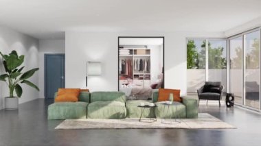 3D Modern Oturma Odası İç mimarisi Yeşil Bitkiler, kanepe ve pencereler, oturma odasının iç dekorasyonu