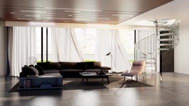 3D Modern Oturma Odası İç mimarisi Yeşil Bitkiler, kanepe ve pencereler, oturma odasının iç dekorasyonu