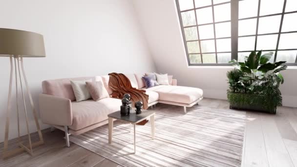 3D用绿色植物 沙发和窗户装饰现代客厅的内部 客厅的内部风格别致 — 图库视频影像