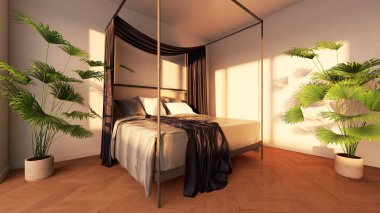 Modern, parlak yatak odası içerisi 3D resimleme bilgisayarı oluşturulmuş resim