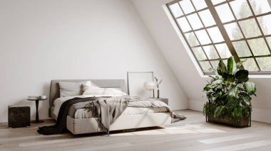 Modern, parlak yatak odası içerisi 3D resimleme bilgisayarı oluşturulmuş resim