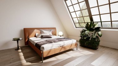 Modern, parlak yatak odası içerisi 3D resimleme bilgisayarı oluşturulmuş resim
