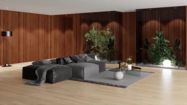 3d video rendering footage contemporary interior design of the living room. Stylish interior of the living room