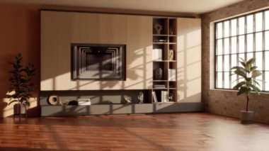 3D video görüntüsü, oturma odasının çağdaş iç tasarımı. Oturma odasının içi çok şık.