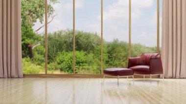 3D video görüntüsü, oturma odasının çağdaş iç tasarımı. Oturma odasının içi çok şık.