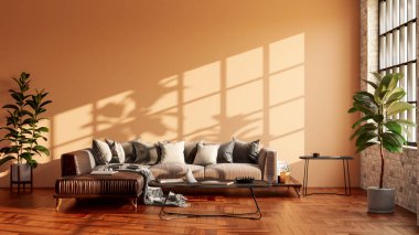 Büyük lüks, modern, parlak iç mekanlar. Oturma odası tasviri. 3D görüntüleme.