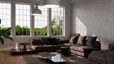 3D video görüntüsü, oturma odasının çağdaş iç tasarımı. Oturma odasının içi çok şık.