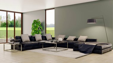 Büyük lüks, modern, parlak iç mekanlar. Oturma odası tasviri. 3D görüntüleme.