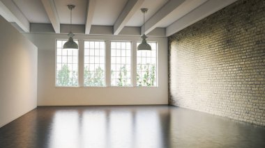 Büyük lüks, modern, parlak iç mekanlar. Oturma odası tasviri. 3D görüntüleme.