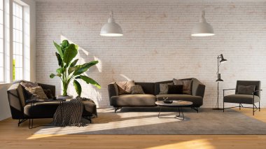 Büyük lüks, modern, parlak iç mekanlar. Oturma odası tasviri. 3D görüntüleme.