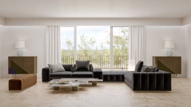 Büyük lüks, modern, parlak iç mekanlar. Oturma odası tasviri. 3D görüntüleme.